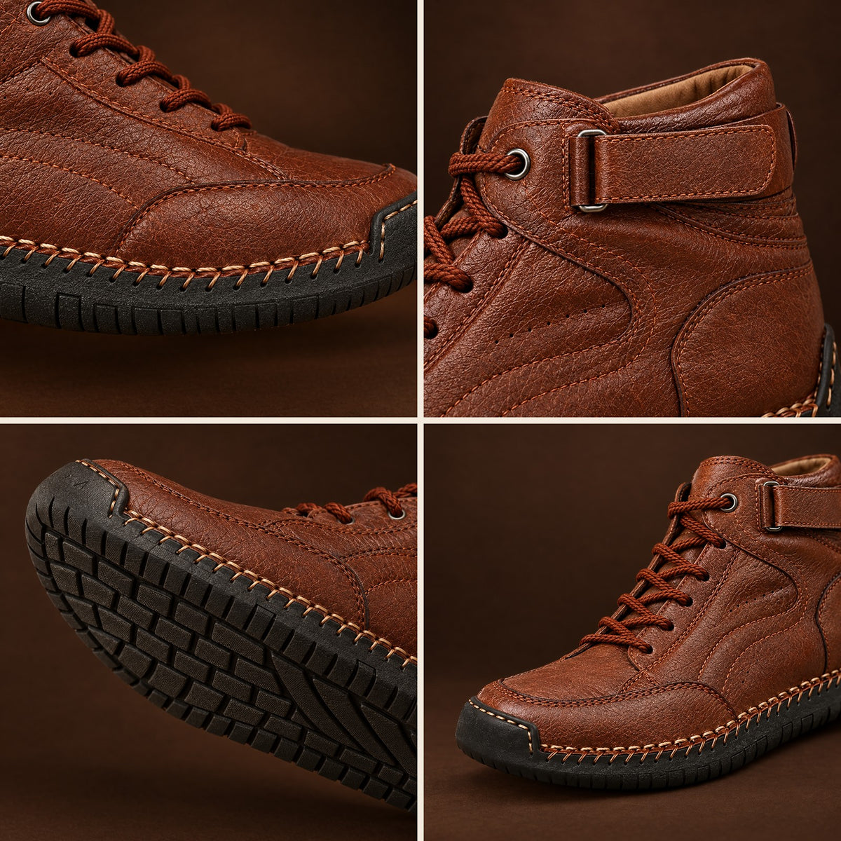 The Bolzano close-up details: hand stitching, ankle strap, tread and roomy toe box
