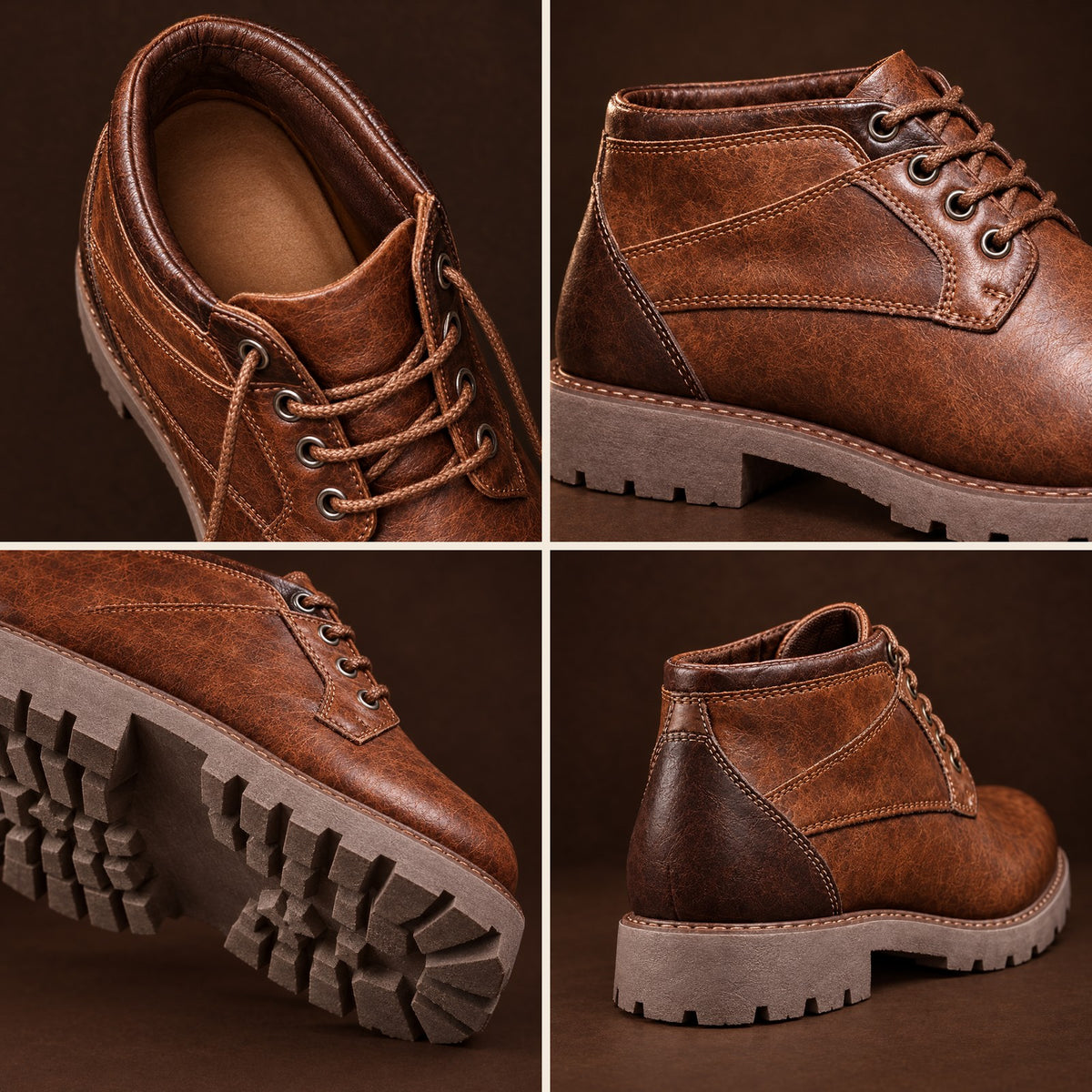 The Modena close-up details: cushioned insole, stitched paneling, lug tread and contrast heel