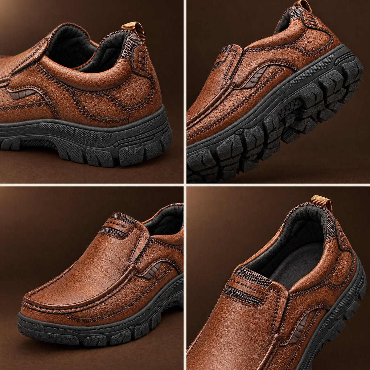 The Trento close-up details: padded heel collar, tread, toe box and slip-on opening