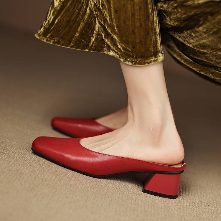 Emy Premium Genuine Leather Square-Toe Heeled Mules