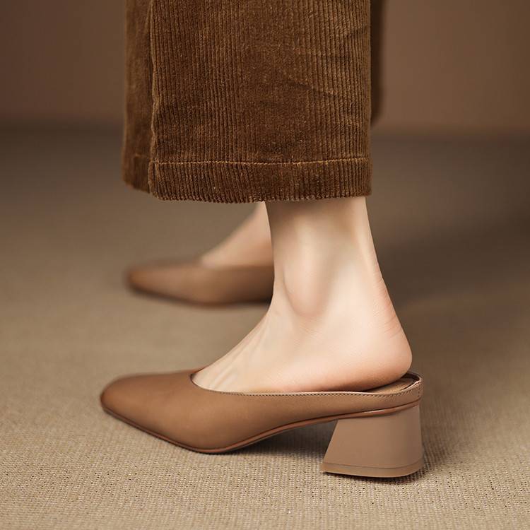 Emy Premium Genuine Leather Square-Toe Heeled Mules
