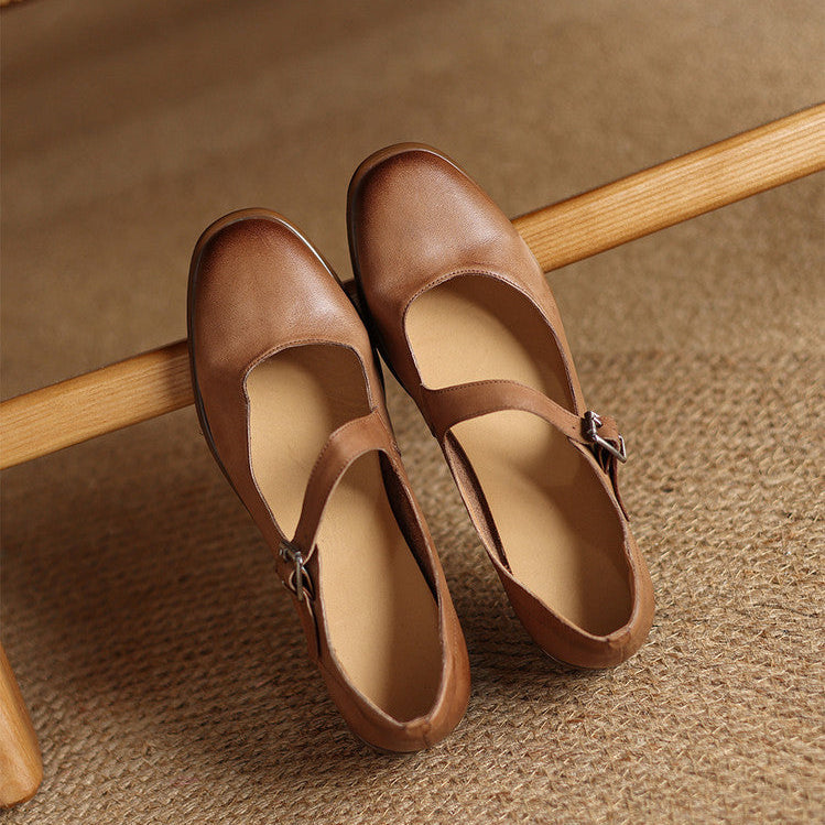 Remy Premium Genuine Leather Almond-Toe Mary Jane Flats