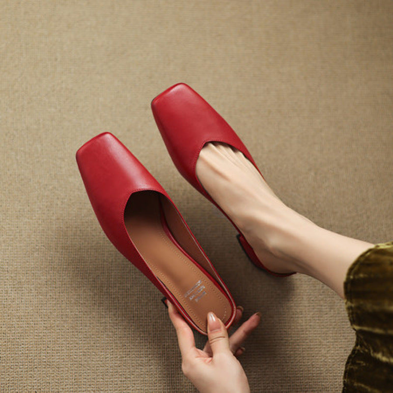 Emy Premium Genuine Leather Square-Toe Heeled Mules