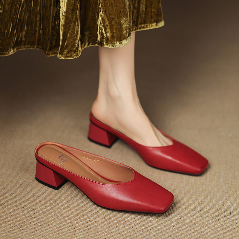 Emy Premium Genuine Leather Square-Toe Heeled Mules