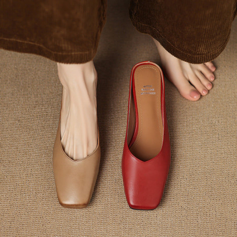 Emy Premium Genuine Leather Square-Toe Heeled Mules