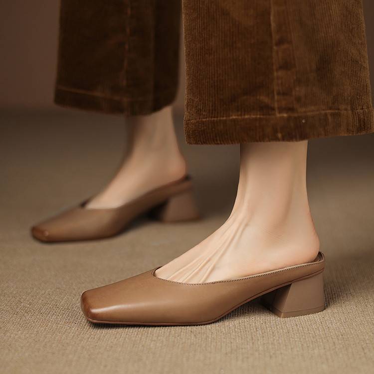 Emy Premium Genuine Leather Square-Toe Heeled Mules