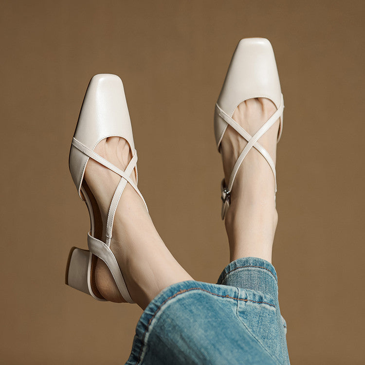 Klea Genuine Leather Cross-Strap Slingback Heels