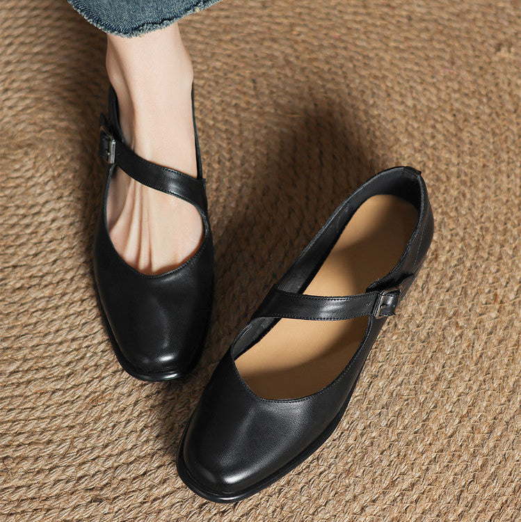 Remy Premium Genuine Leather Almond-Toe Mary Jane Flats