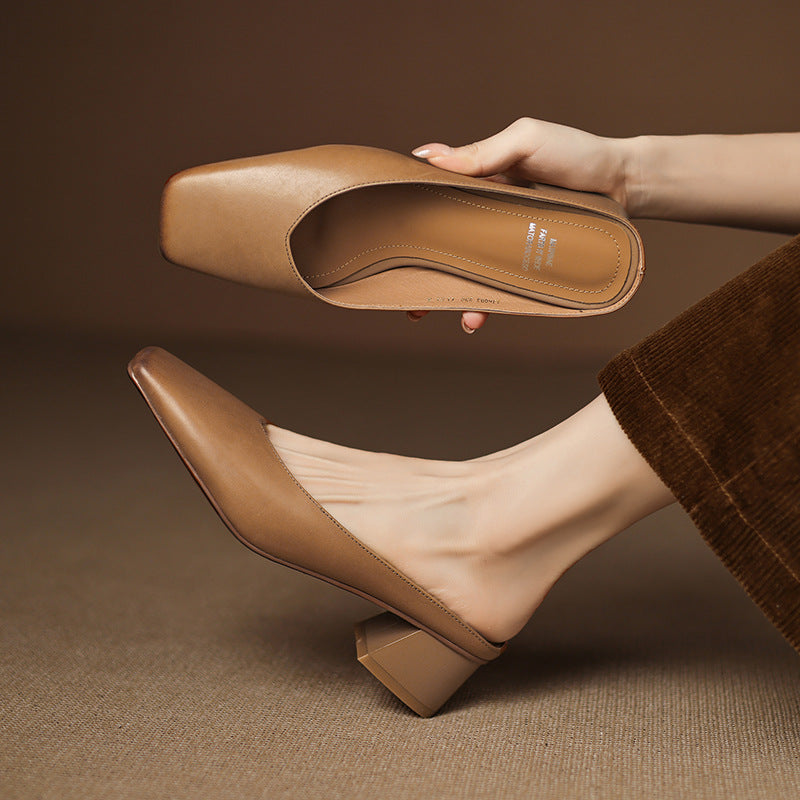 Emy Premium Genuine Leather Square-Toe Heeled Mules
