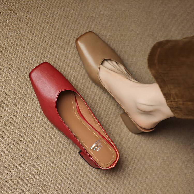 Emy Premium Genuine Leather Square-Toe Heeled Mules