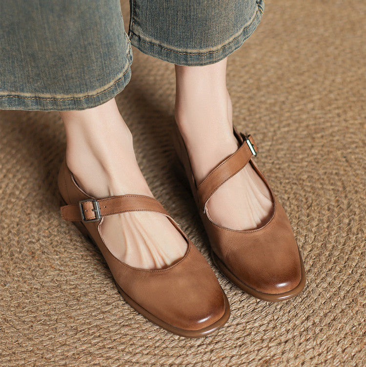 Remy Premium Genuine Leather Almond-Toe Mary Jane Flats