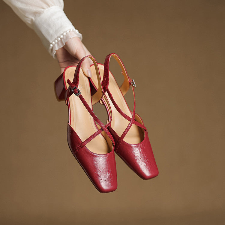 Klea Genuine Leather Cross-Strap Slingback Heels