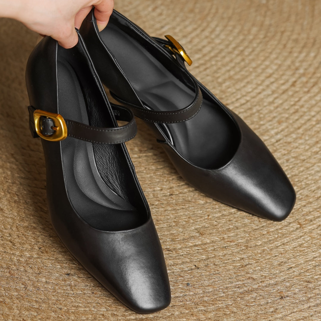 Eva Genuine Leather Mary Jane Pumps with a Sleek Block Heel