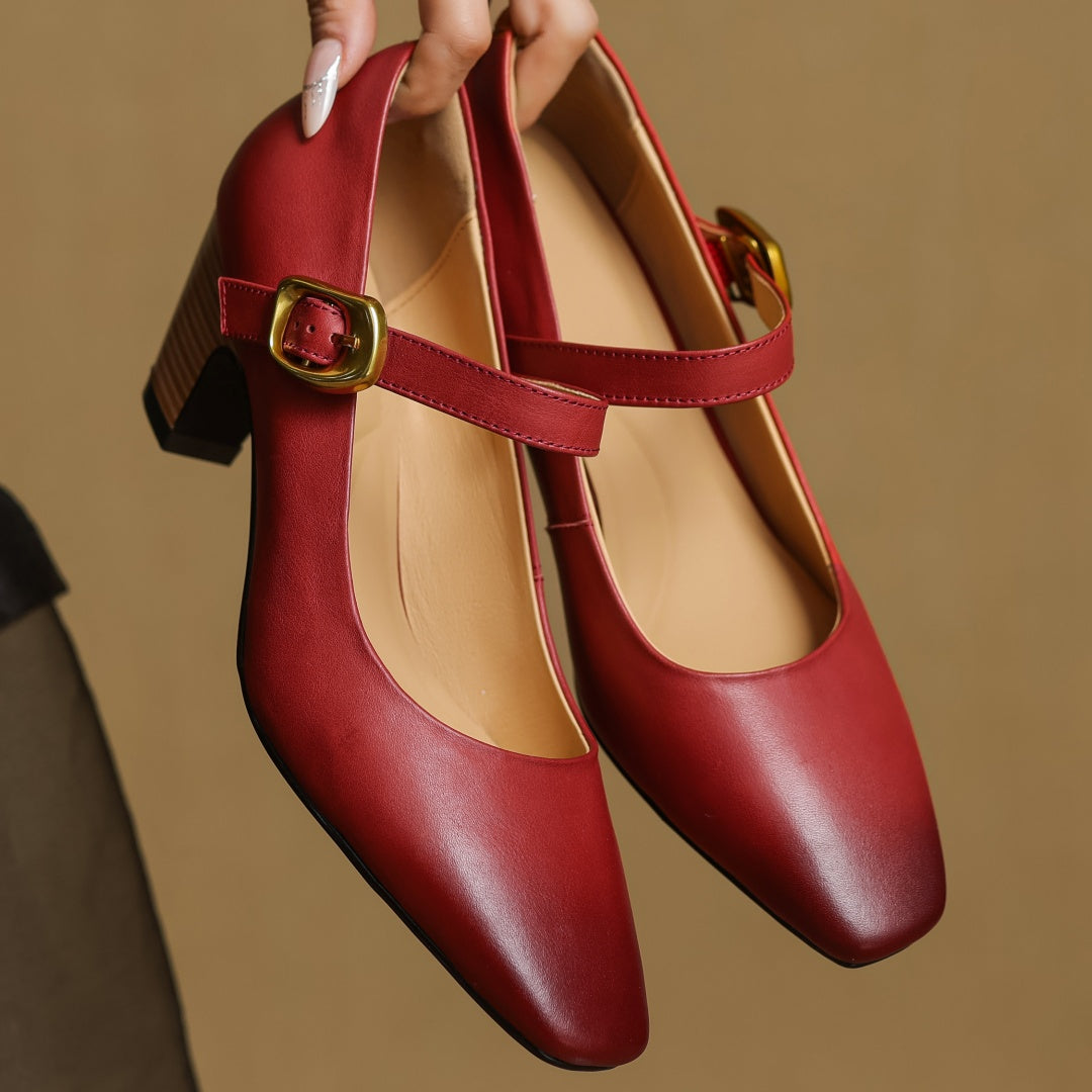 Eva Genuine Leather Mary Jane Pumps with a Sleek Block Heel