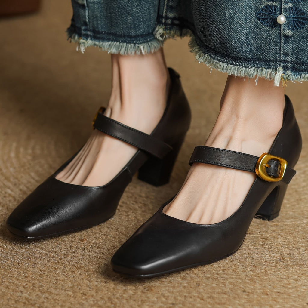 Eva Genuine Leather Mary Jane Pumps with a Sleek Block Heel
