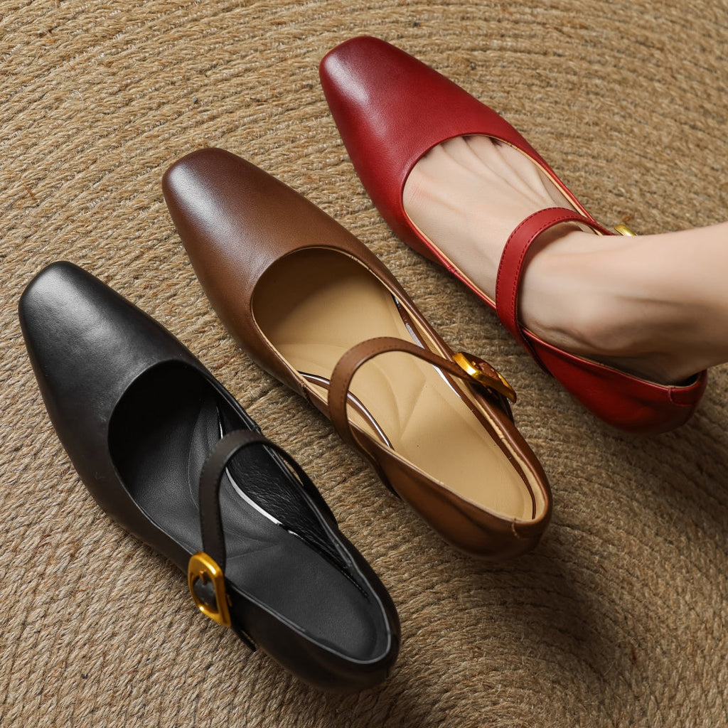 Eva Genuine Leather Mary Jane Pumps with a Sleek Block Heel