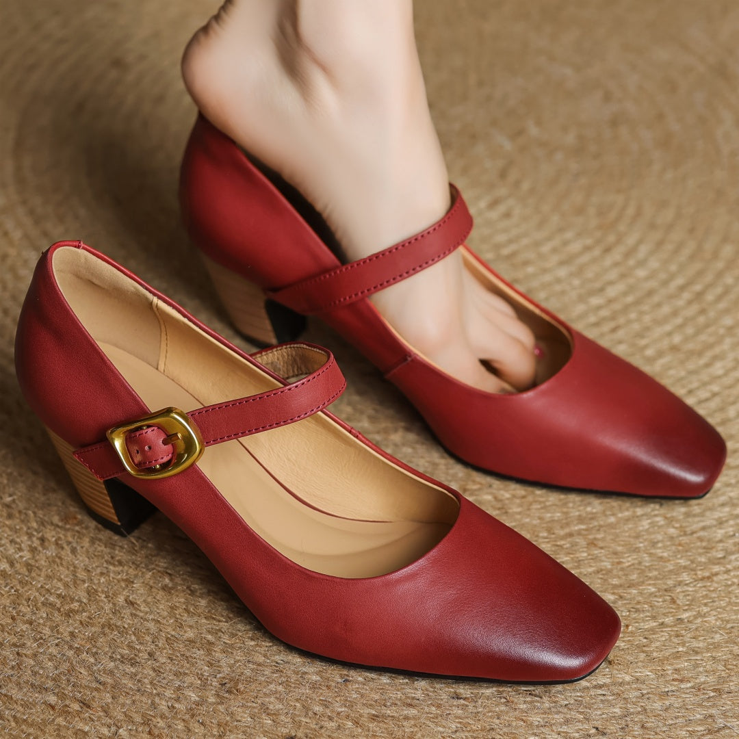Eva Genuine Leather Mary Jane Pumps with a Sleek Block Heel