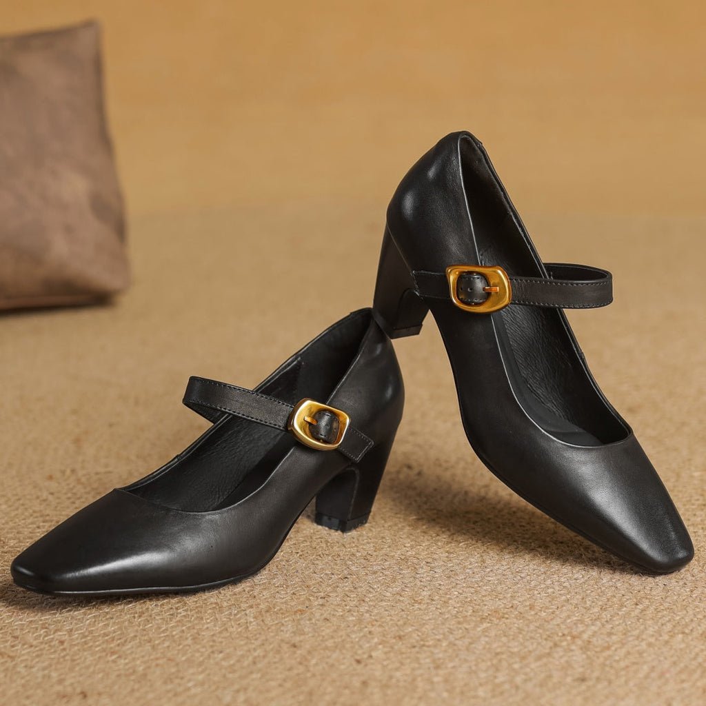 Eva Genuine Leather Mary Jane Pumps with a Sleek Block Heel