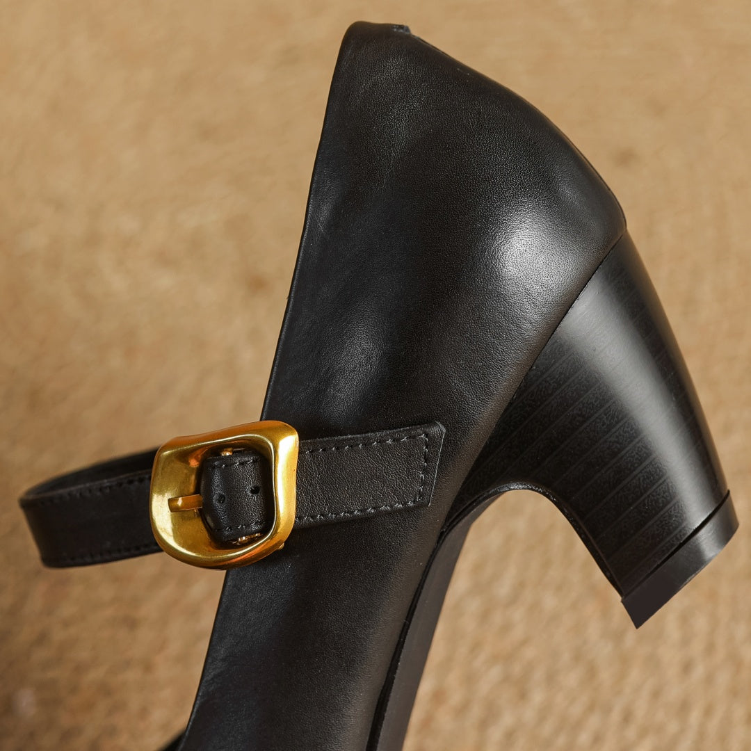 Eva Genuine Leather Mary Jane Pumps with a Sleek Block Heel