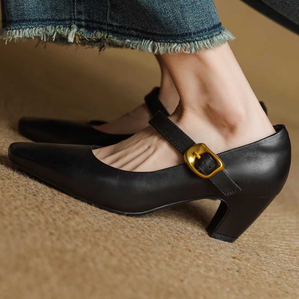 Eva Genuine Leather Mary Jane Pumps with a Sleek Block Heel