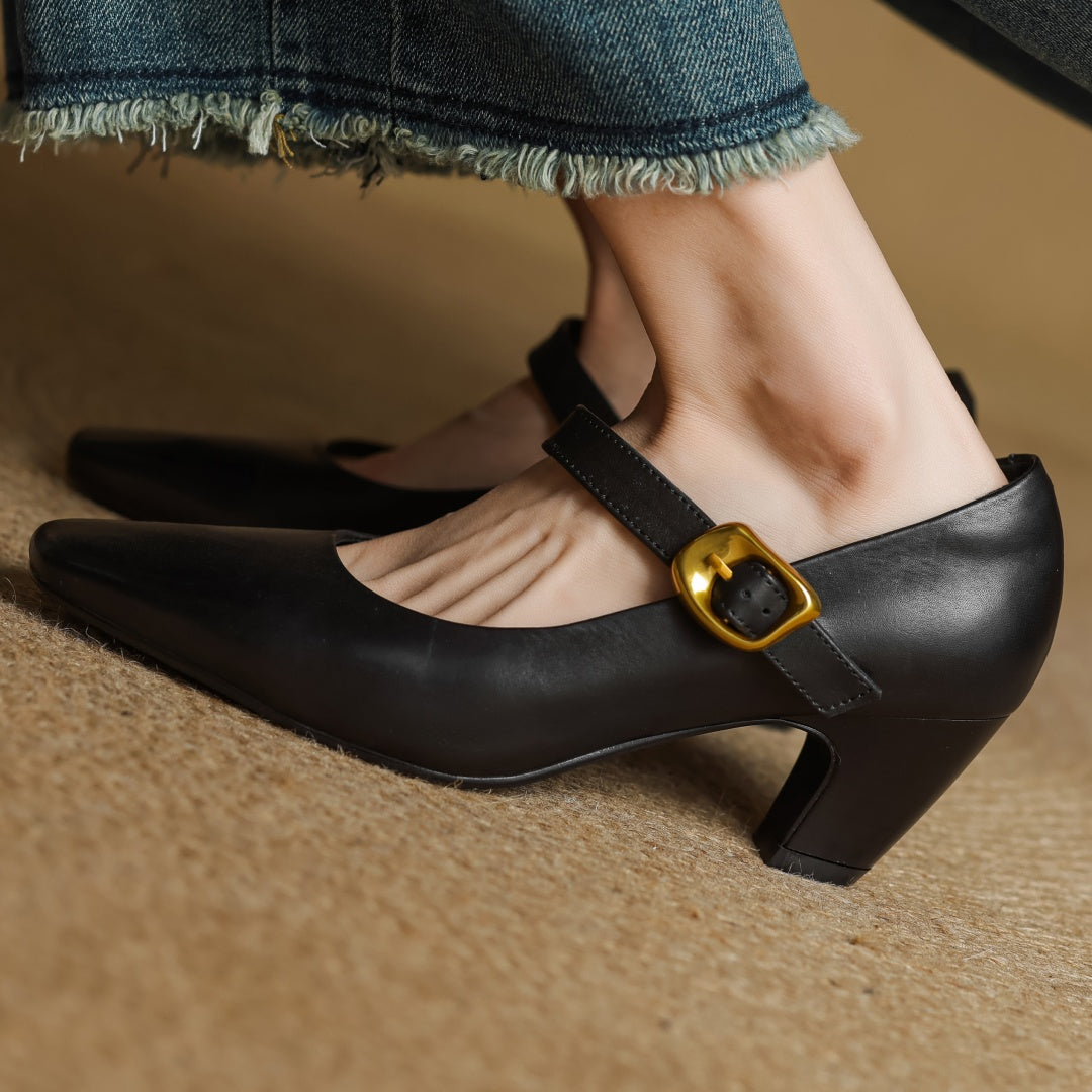 Eva Genuine Leather Mary Jane Pumps with a Sleek Block Heel