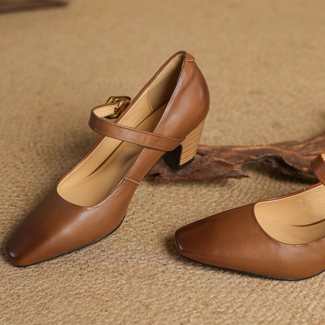 Eva Genuine Leather Mary Jane Pumps with a Sleek Block Heel