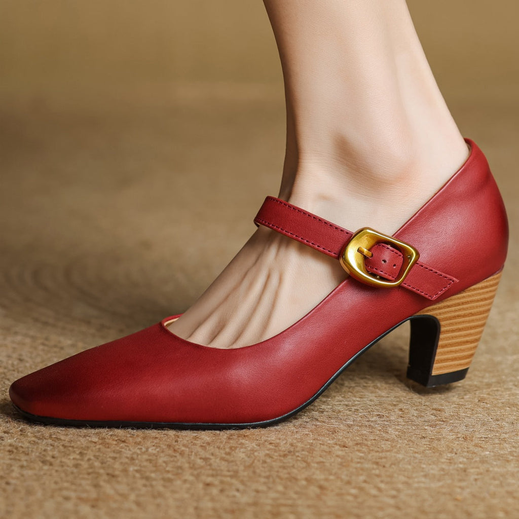 Eva Genuine Leather Mary Jane Pumps with a Sleek Block Heel