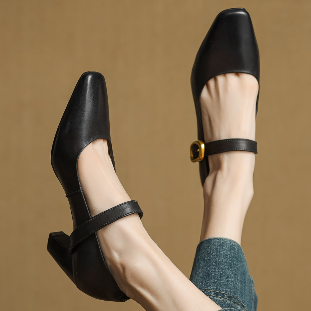 Eva Genuine Leather Mary Jane Pumps with a Sleek Block Heel