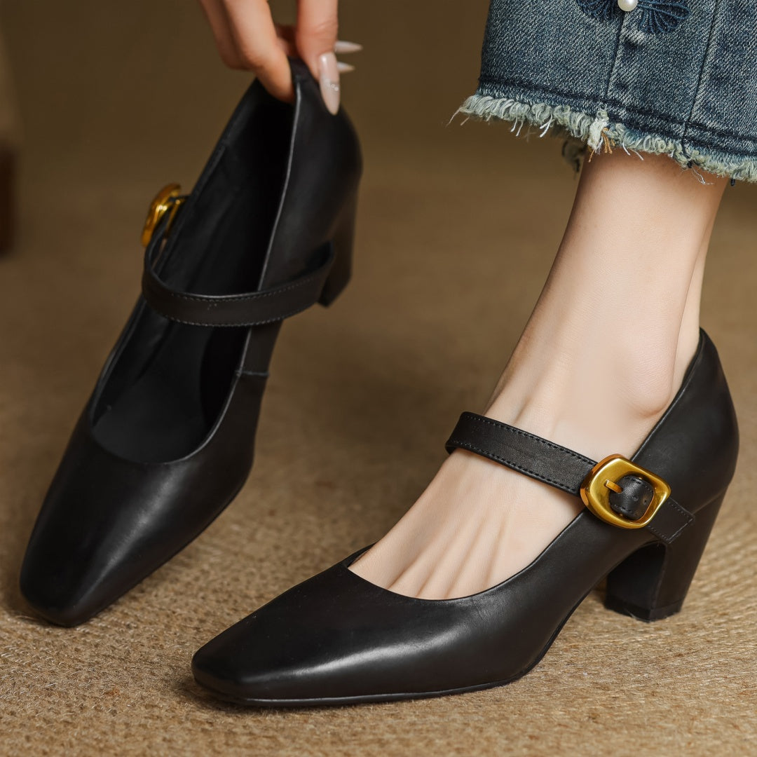 Eva Genuine Leather Mary Jane Pumps with a Sleek Block Heel