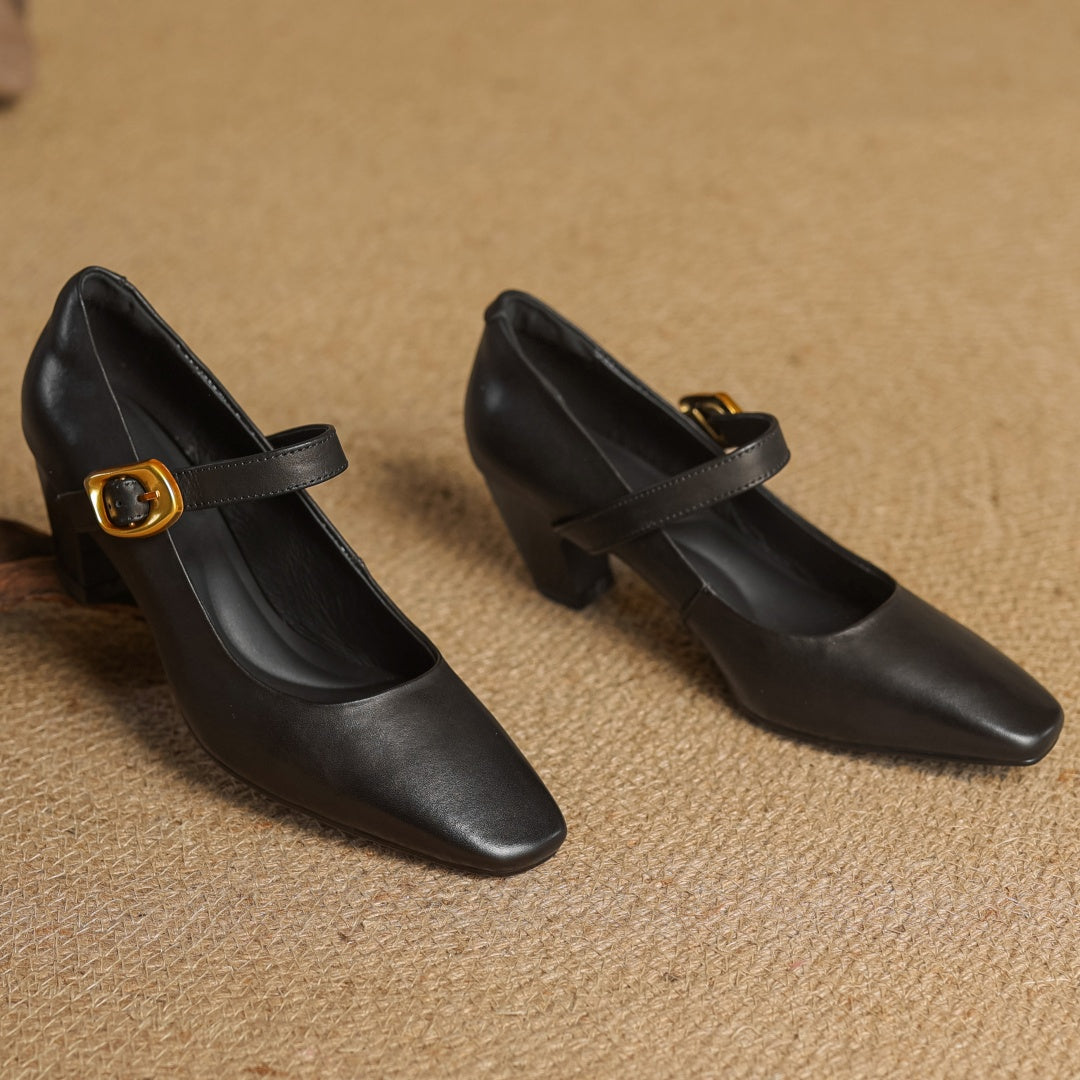 Eva Genuine Leather Mary Jane Pumps with a Sleek Block Heel
