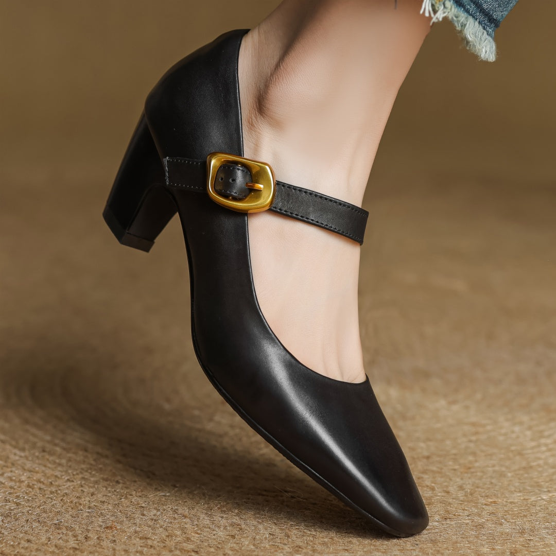 Eva Genuine Leather Mary Jane Pumps with a Sleek Block Heel