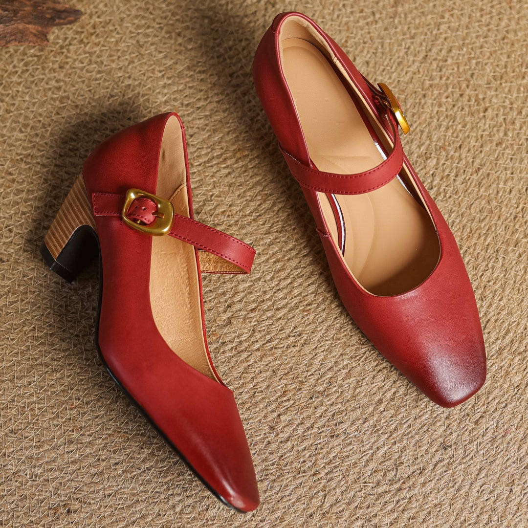 Eva Genuine Leather Mary Jane Pumps with a Sleek Block Heel