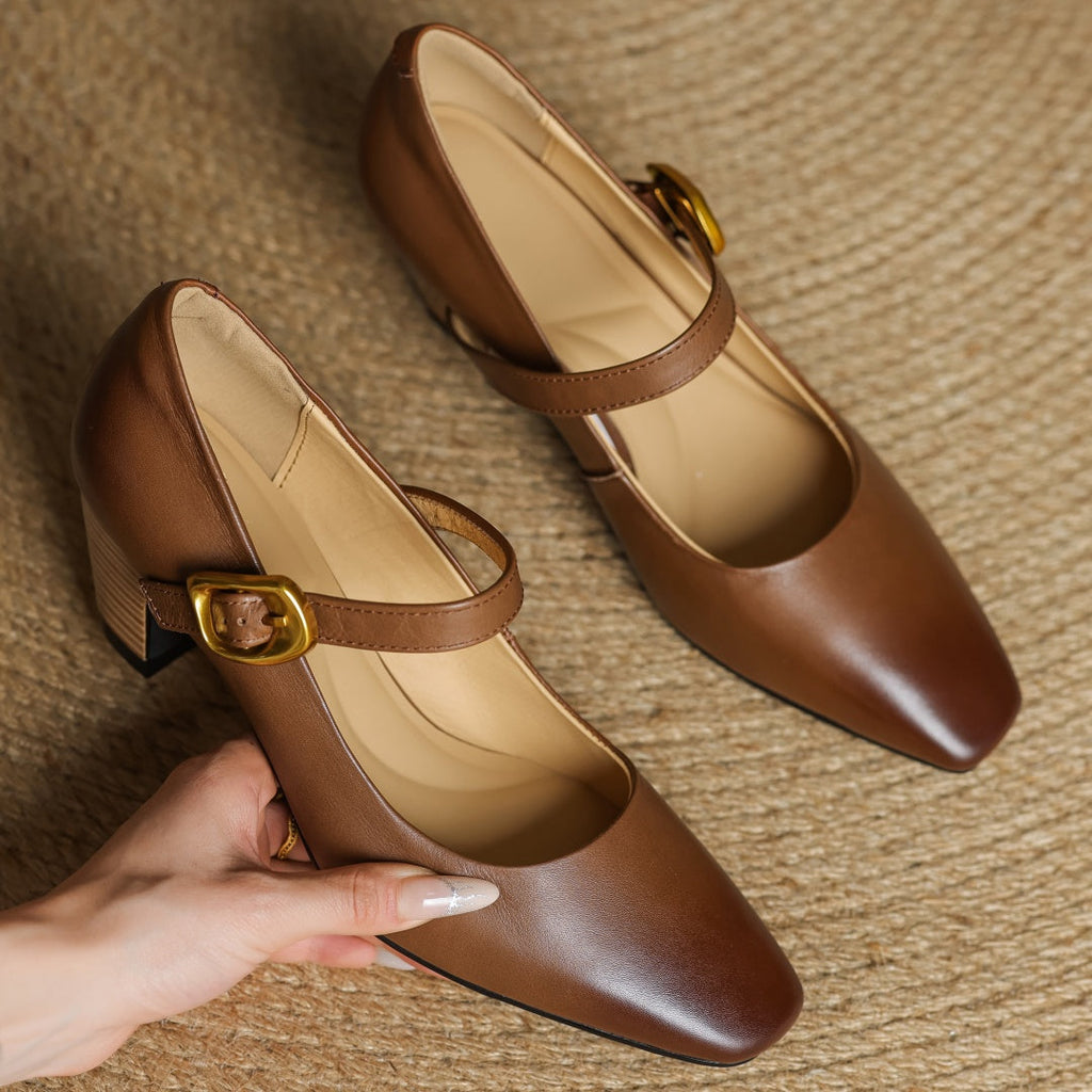 Eva Genuine Leather Mary Jane Pumps with a Sleek Block Heel