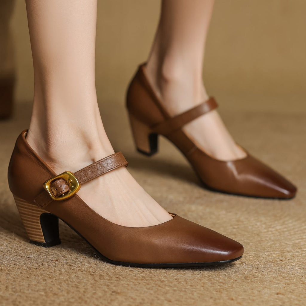 Eva Genuine Leather Mary Jane Pumps with a Sleek Block Heel