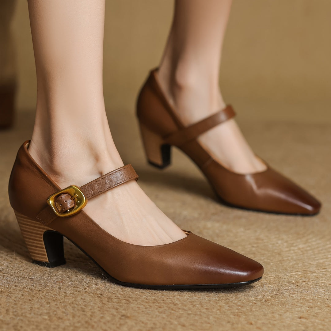Eva Genuine Leather Mary Jane Pumps with a Sleek Block Heel