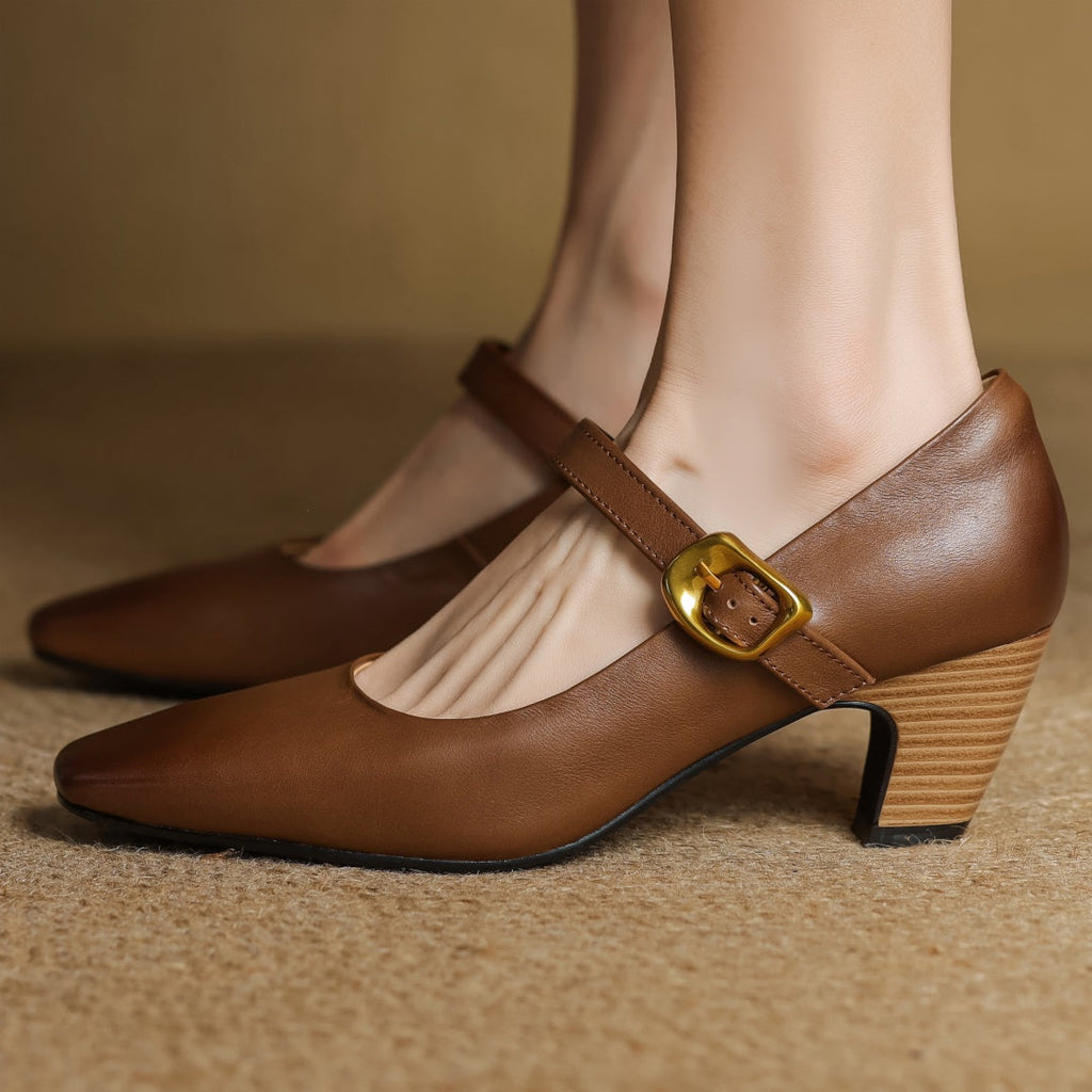 Eva Genuine Leather Mary Jane Pumps with a Sleek Block Heel