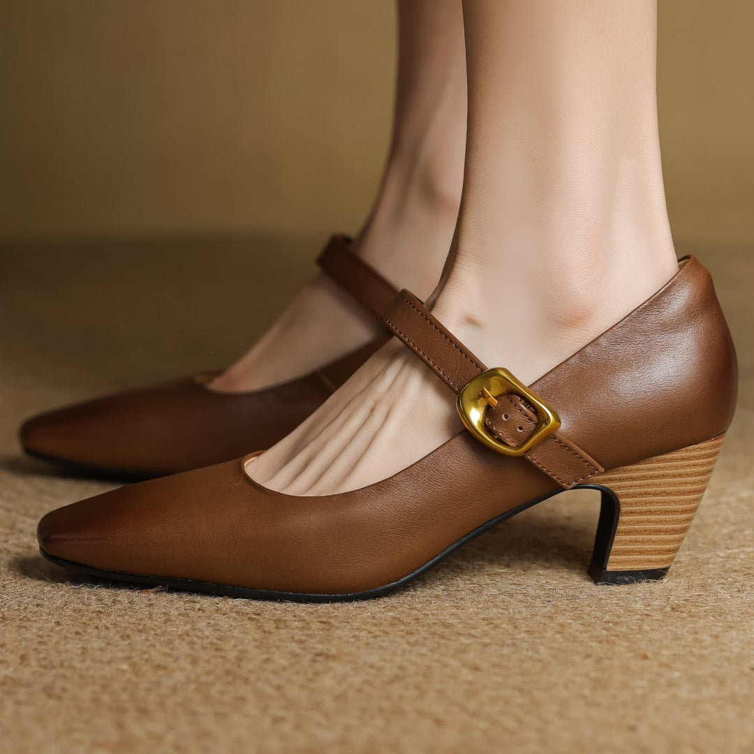 Eva Genuine Leather Mary Jane Pumps with a Sleek Block Heel
