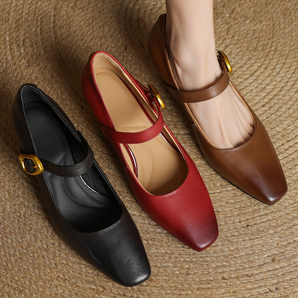 Eva Genuine Leather Mary Jane Pumps with a Sleek Block Heel