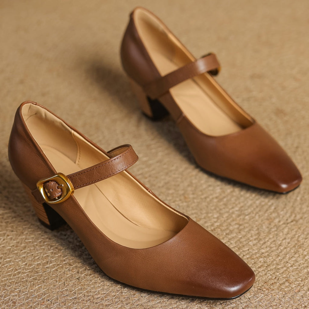 Eva Genuine Leather Mary Jane Pumps with a Sleek Block Heel