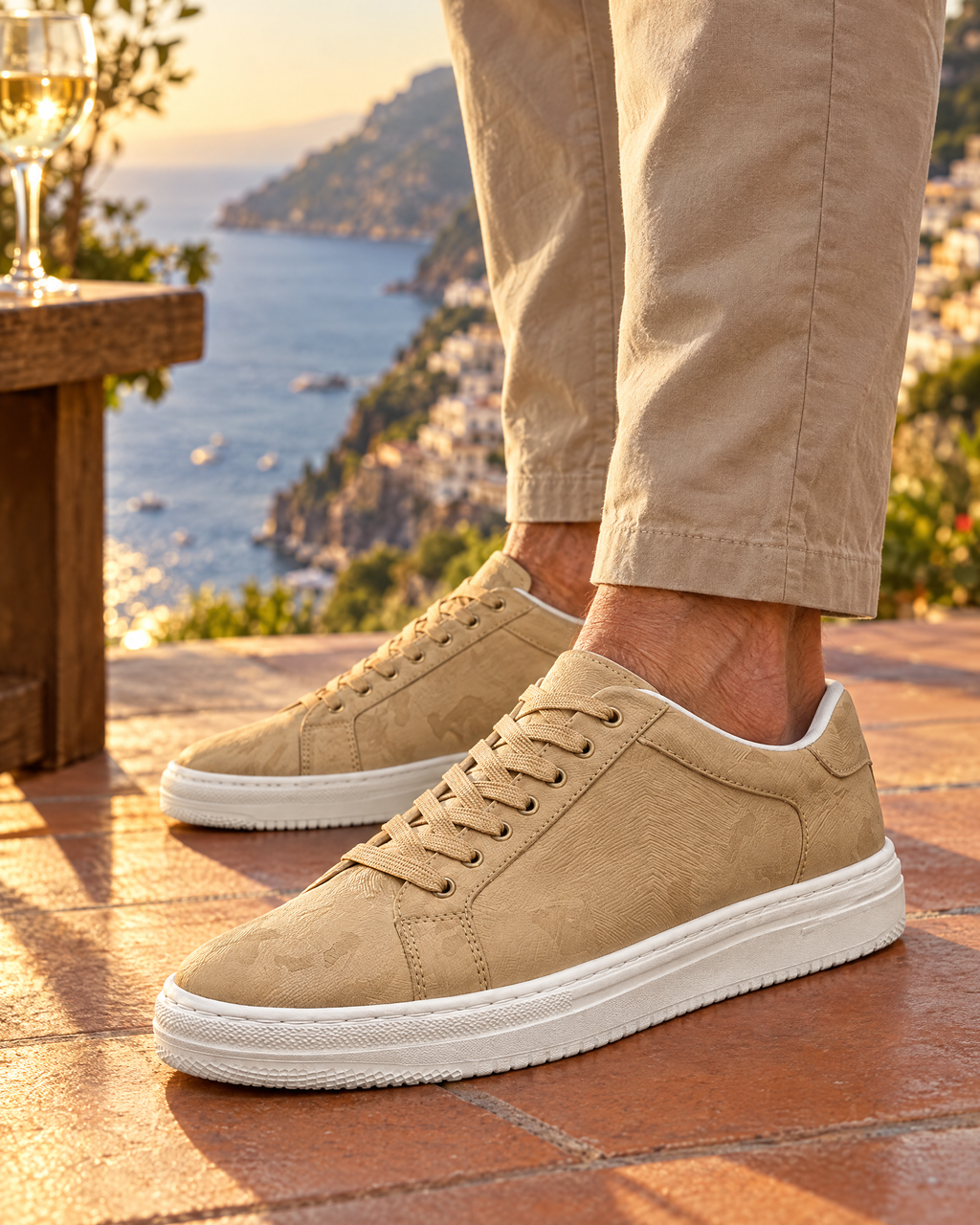 The Savona in Sand, worn on a terrace at golden hour