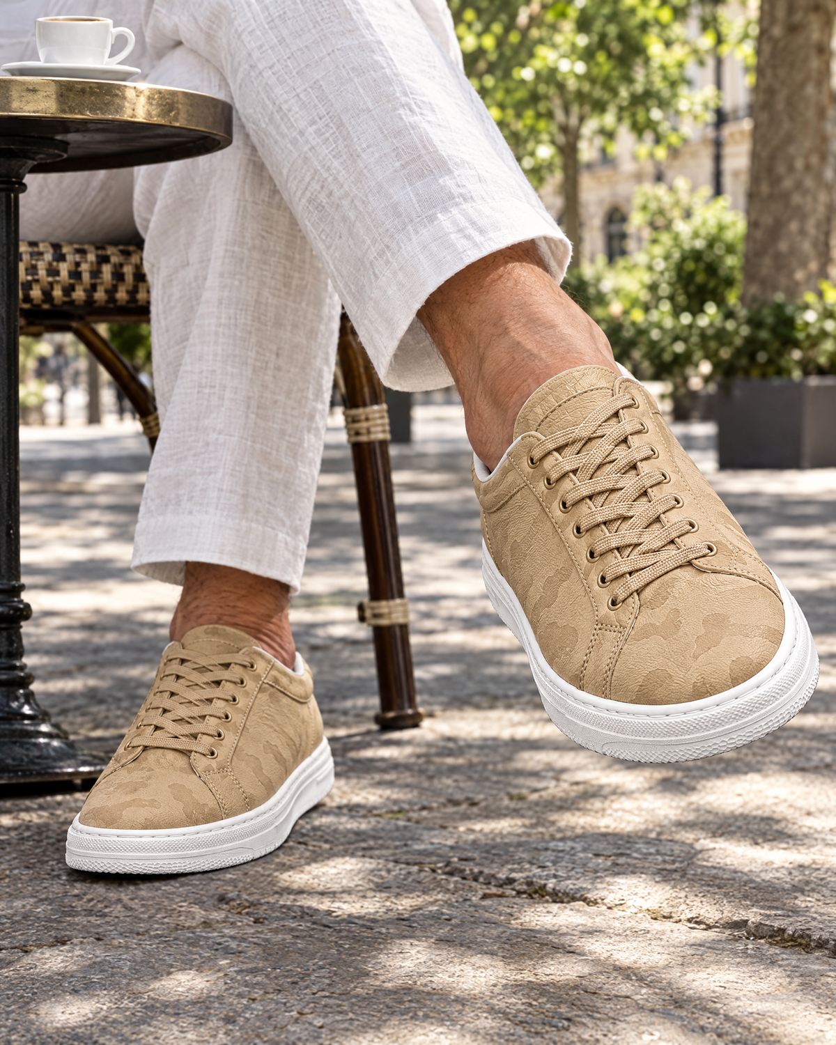 The Savona in Sand, worn at a cafe table