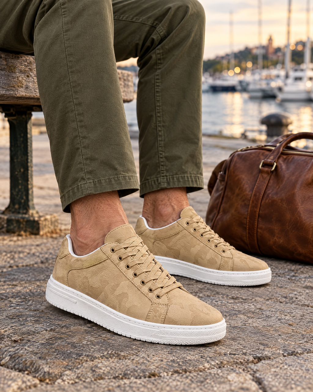 The Savona in Sand, worn on a harbour bench