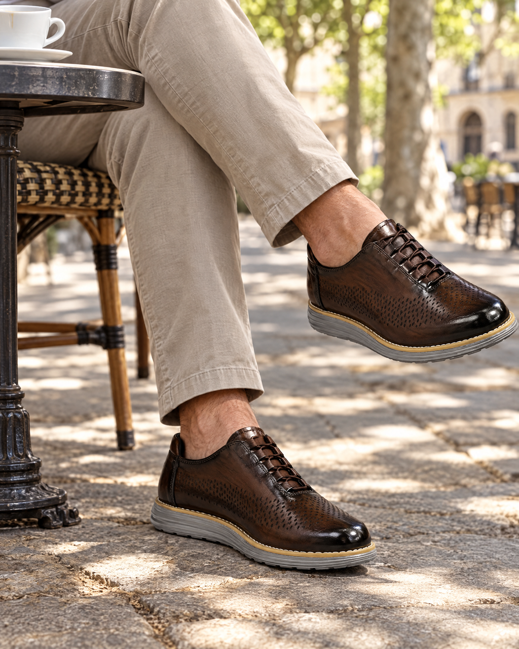 The Padova in Brown, worn at a cafe table