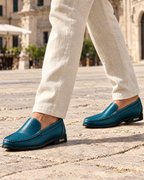 Como Leather Loafer in Teal with linen trousers - VIA NOVA