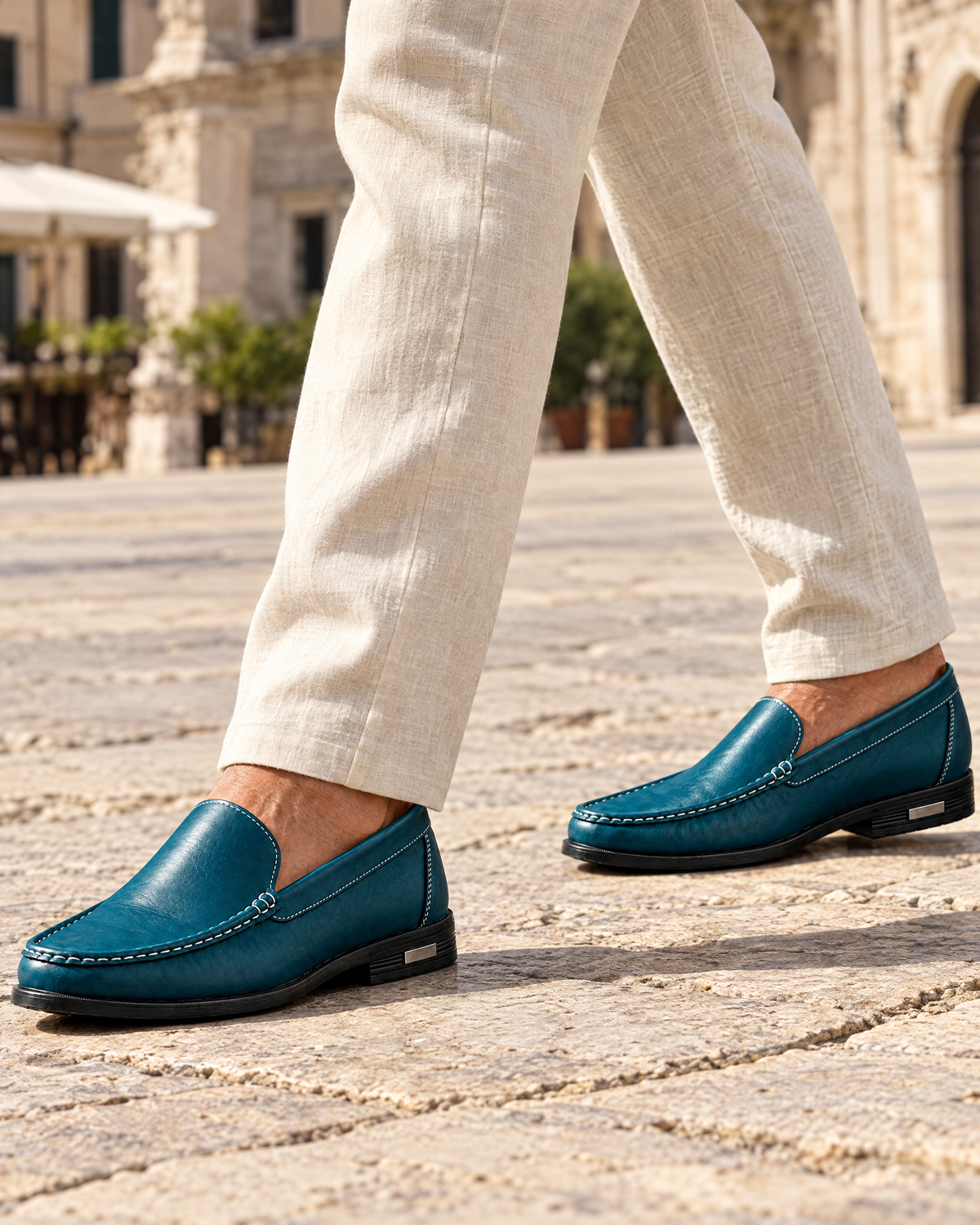 Como Leather Loafer in Teal with linen trousers - VIA NOVA