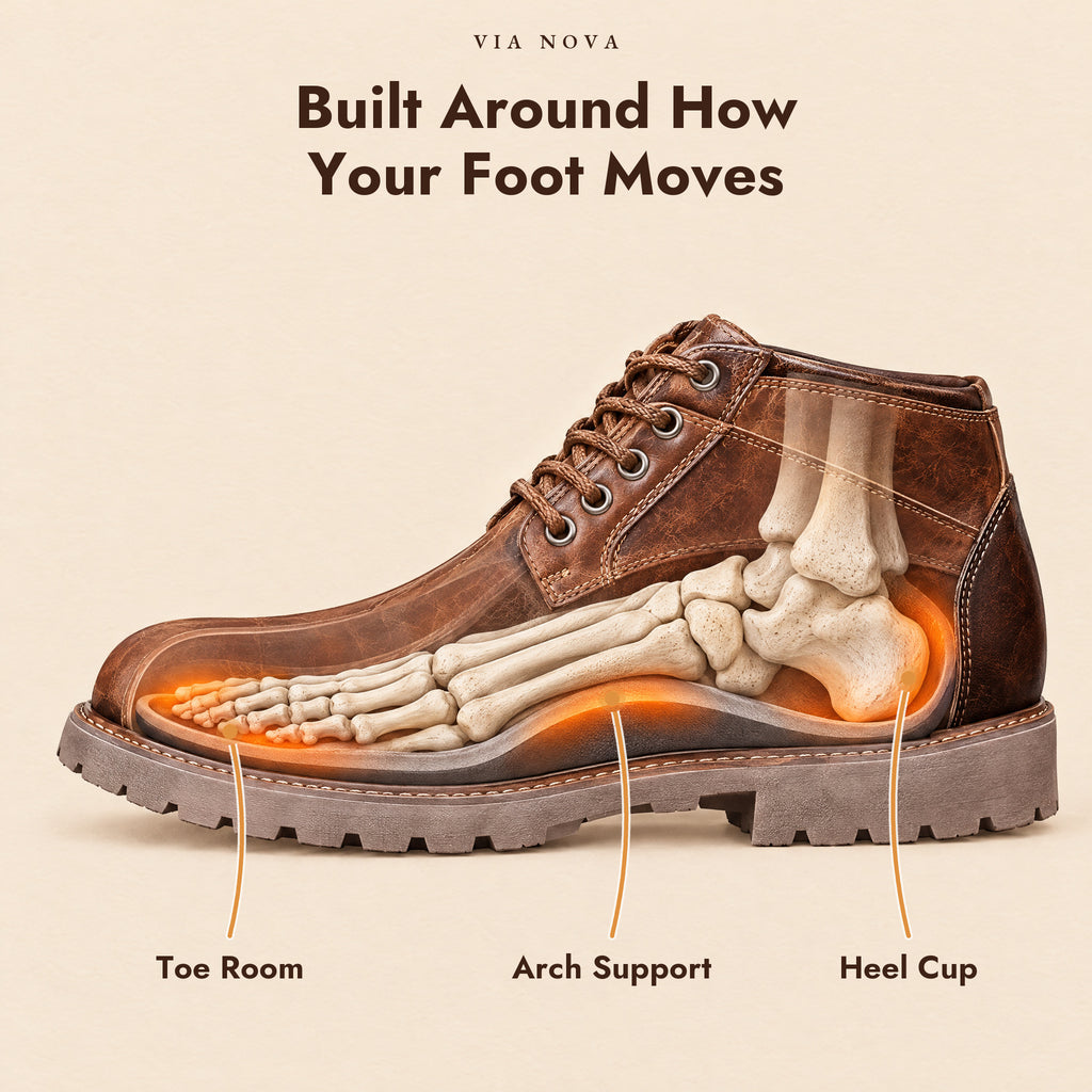 Built around how your foot moves: toe room, arch support, heel cup - VIA NOVA