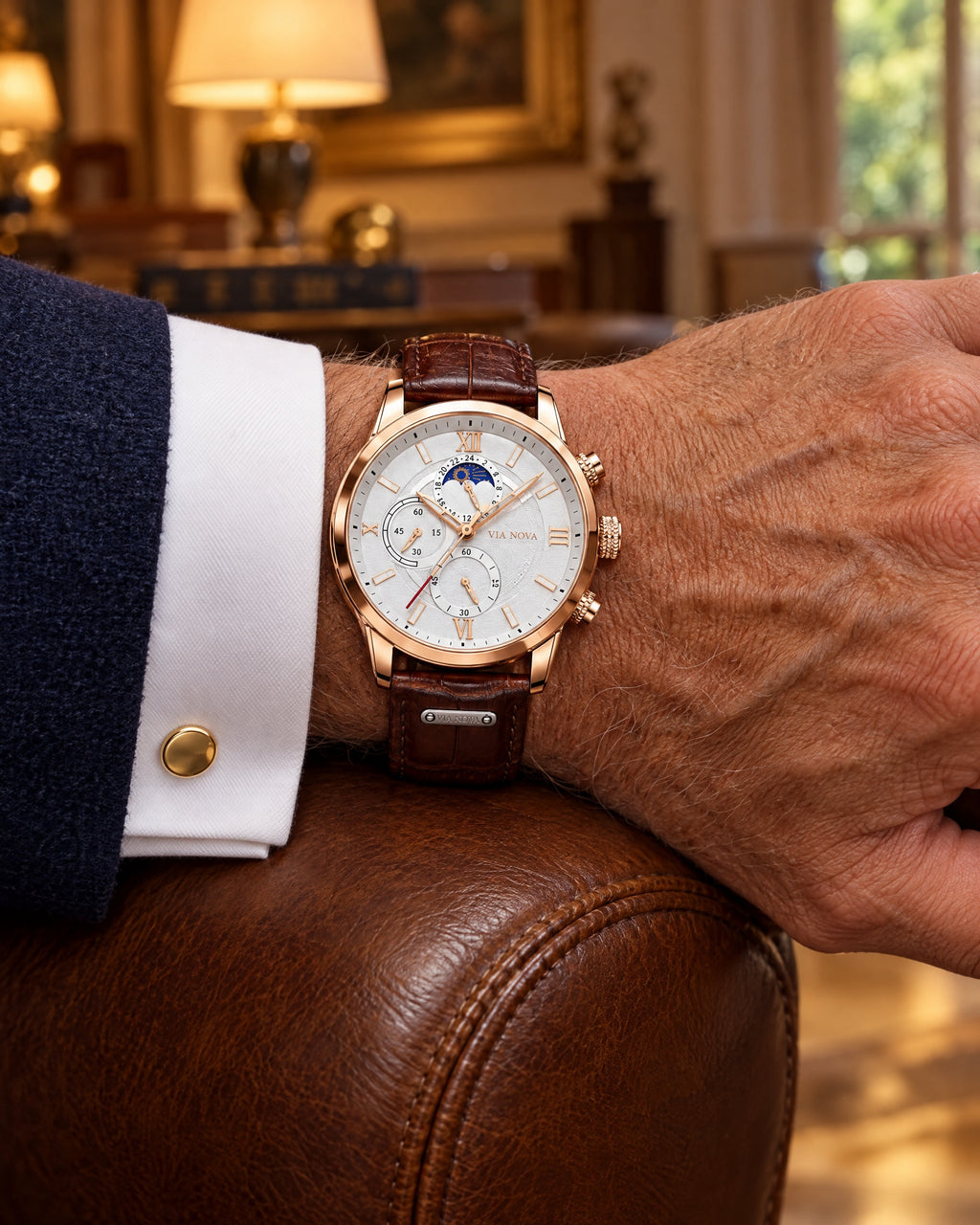 The Ascona Dress Watch - On the wrist - double cuff, navy blazer