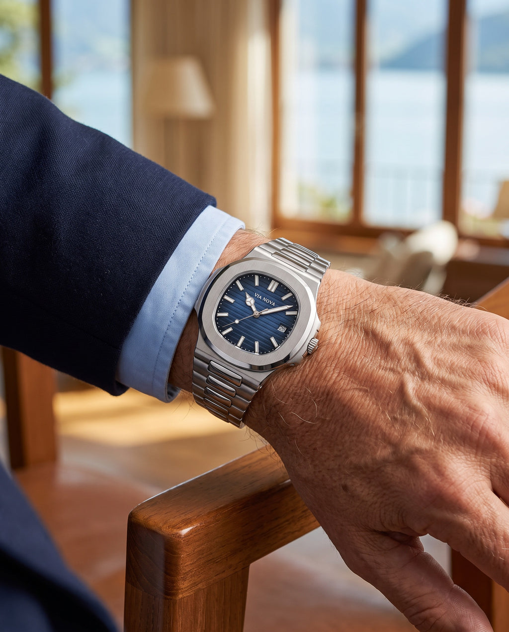 The Cernobbio Steel Watch - On the wrist - navy blazer, villa salon