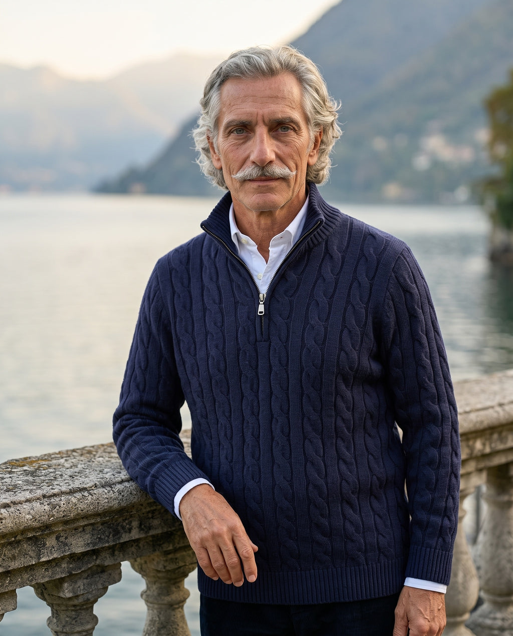 The Engadin Cable Half-Zip - Worn in Marine - Lake Como terrace