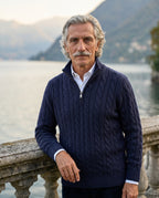 The Engadin Cable Half-Zip - Worn in Marine - Lake Como terrace